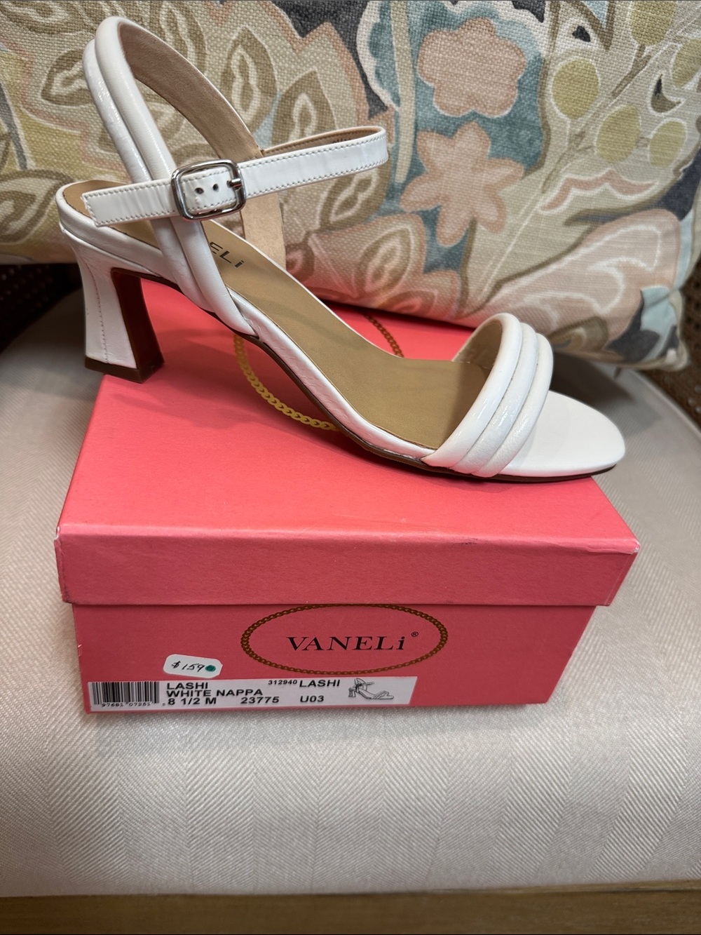 Vaneli White Strappy Block Heel Sandal with Ankle Buckle